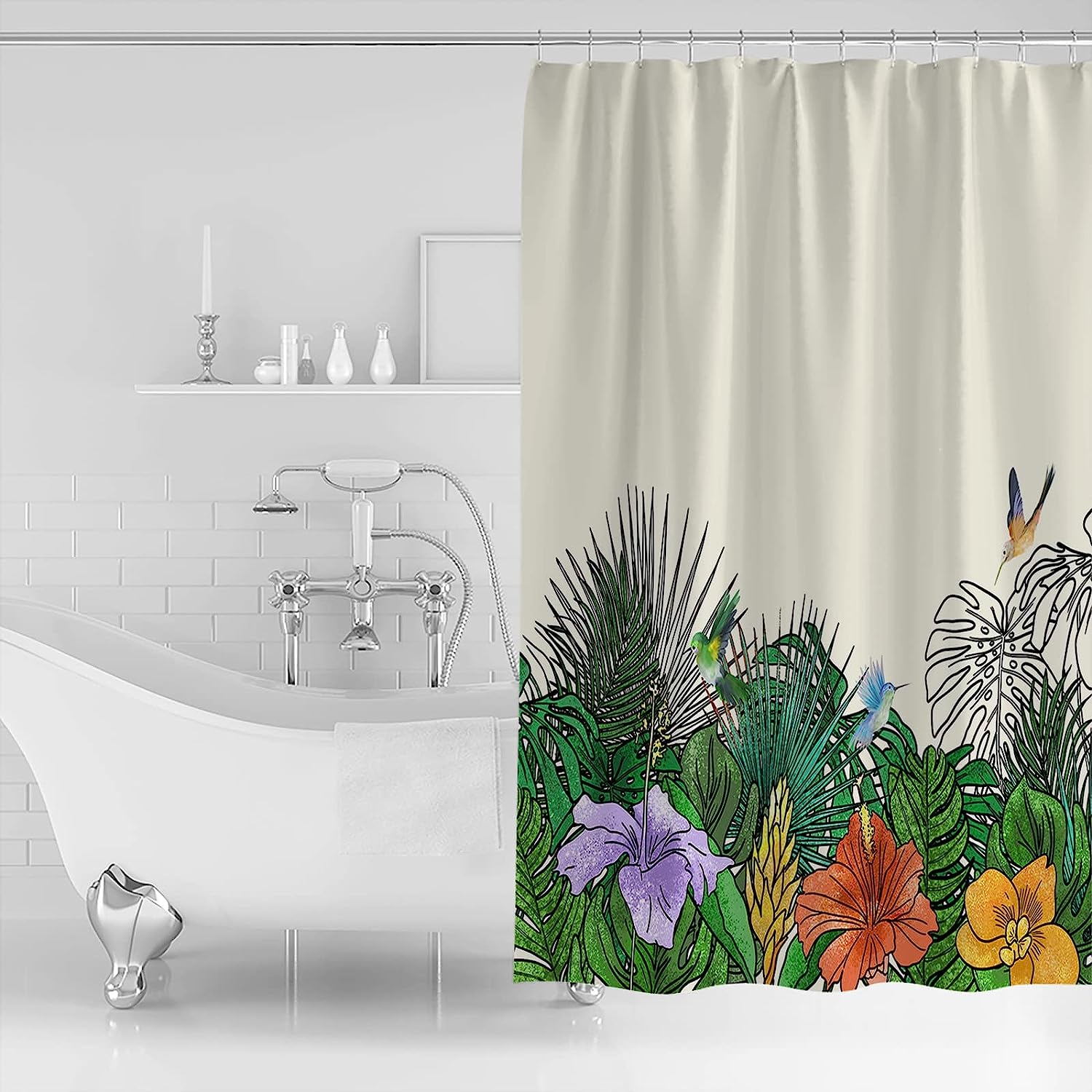 Tropical Palm Turtle Leaf Flowers Spring Summer Fabric Shower Curtain - Image 2