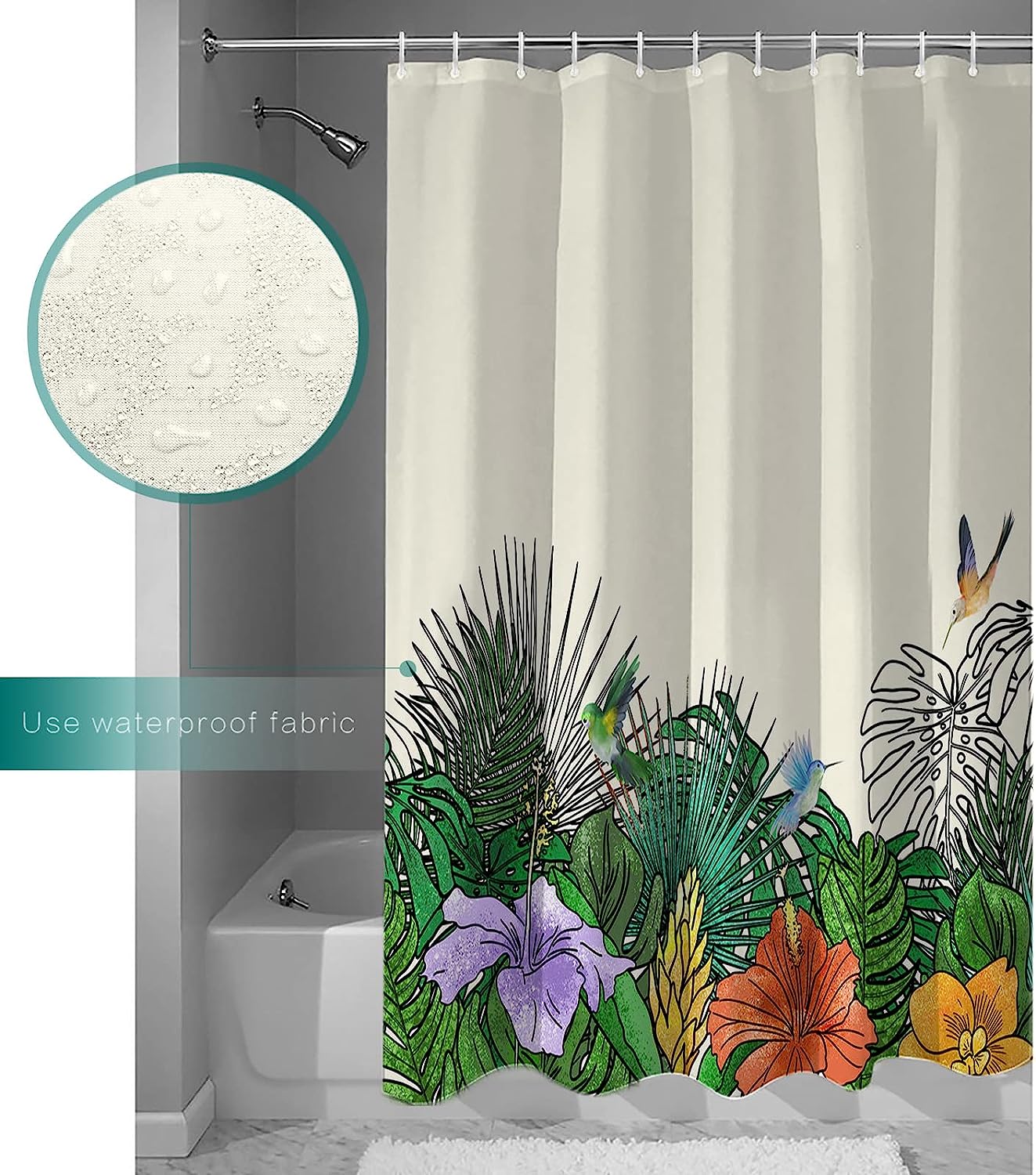 Tropical Palm Turtle Leaf Flowers Spring Summer Fabric Shower Curtain - Image 3