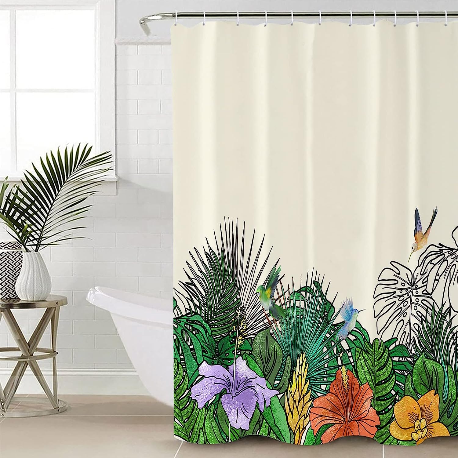 Tropical Palm Turtle Leaf Flowers Spring Summer Fabric Shower Curtain - Image 4