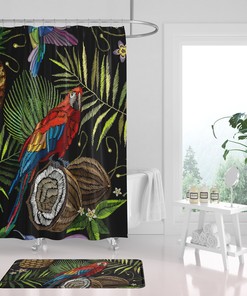 Tropical Parrot Pineapple Coconut Jungle Boho Shower Curtain With Black Sage Green Botanical Watercolor Print