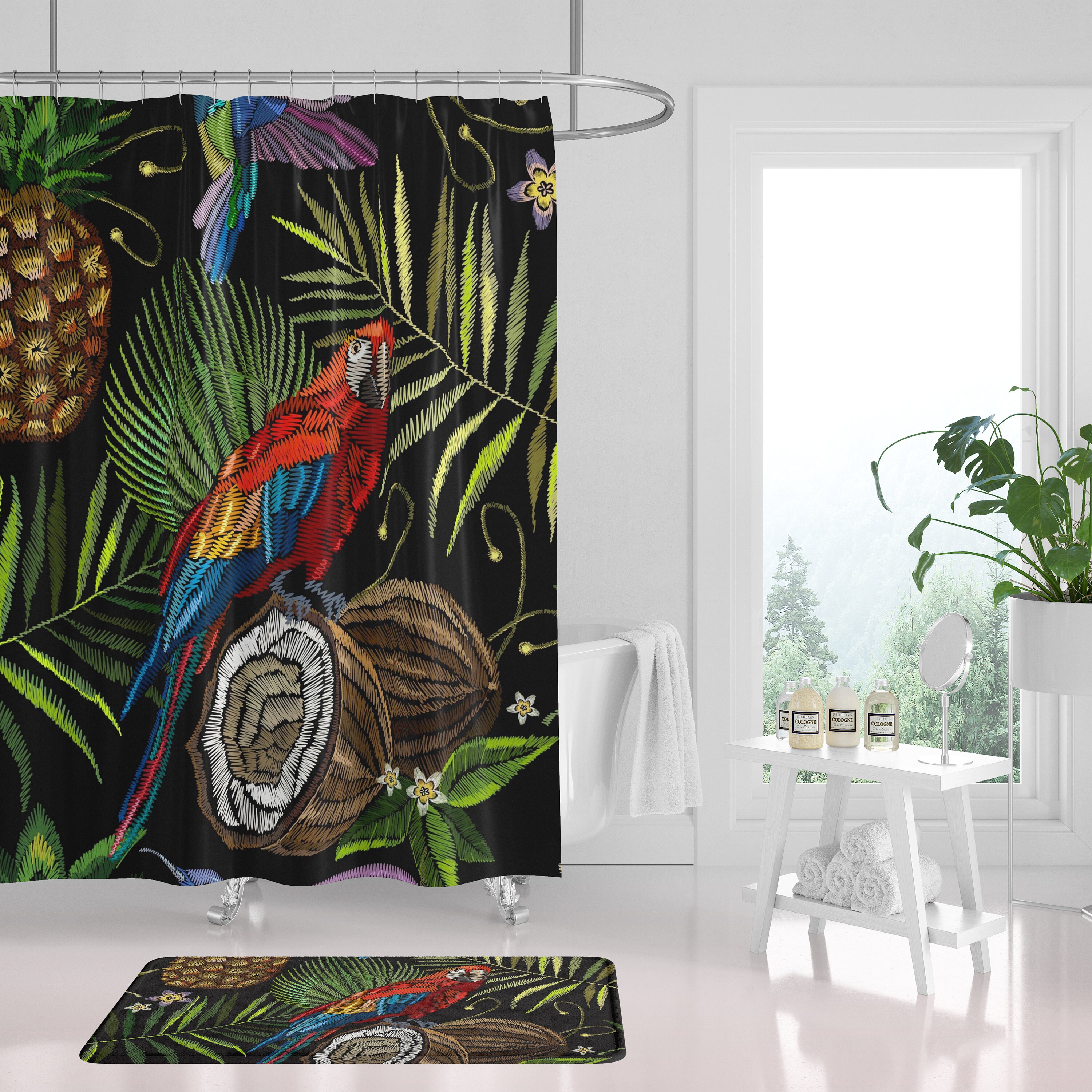 Tropical Parrot Pineapple Coconut Jungle Boho Shower Curtain With Black Sage Green Botanical Watercolor Print