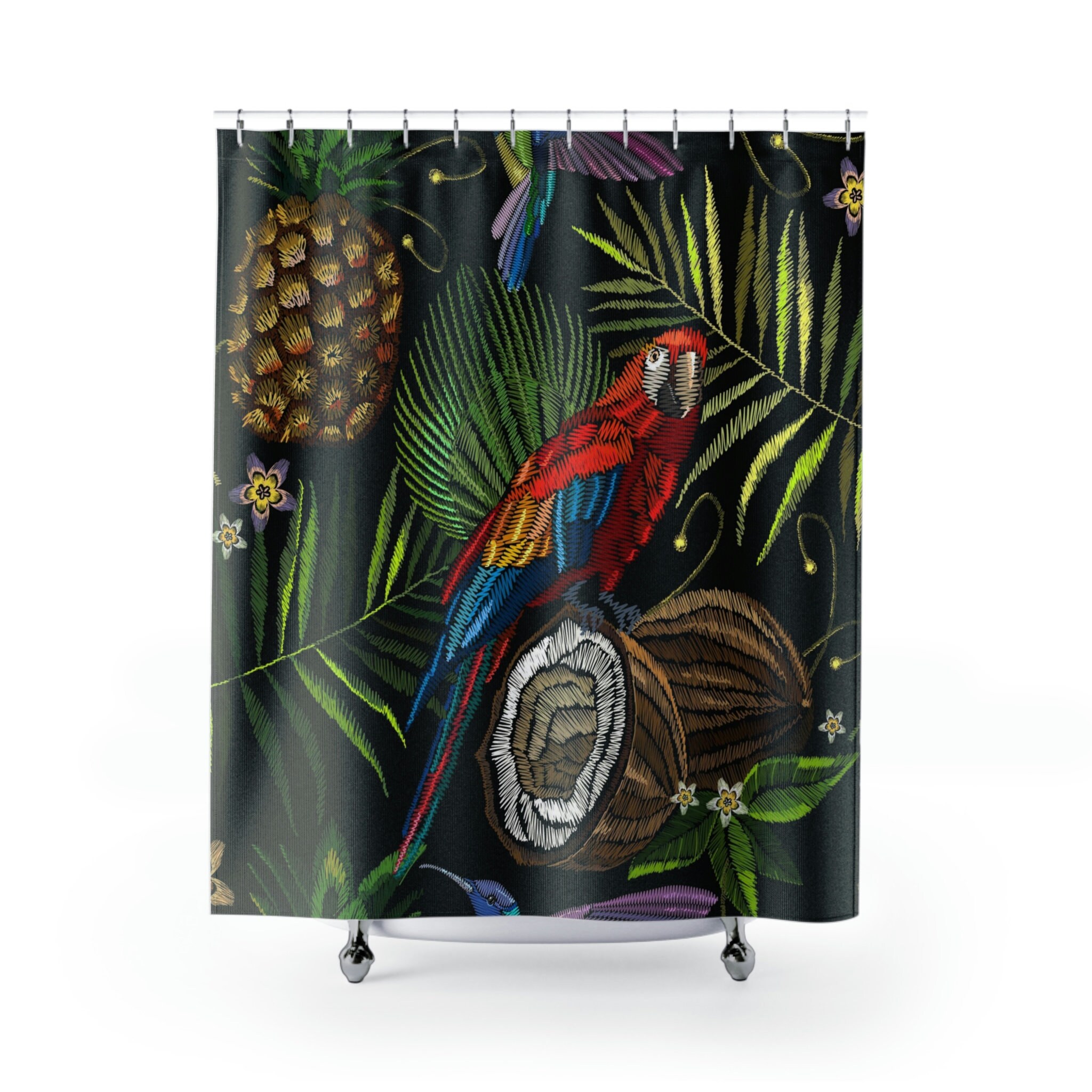 Tropical Parrot Pineapple Coconut Jungle Boho Shower Curtain With Black Sage Green Botanical Watercolor Print - Image 2