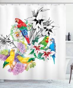 Tropical Parrot Shower Curtain with Floral Foliage Garden Print for Bathroom