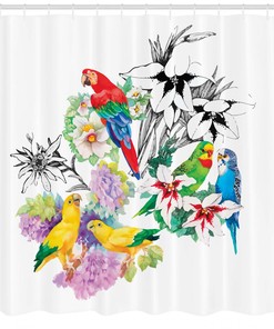 Tropical Parrot Shower Curtain with Floral Foliage Garden Print for Bathroom