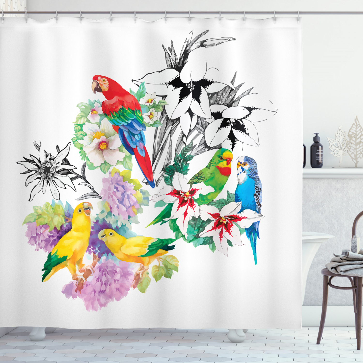 Tropical Parrot Shower Curtain with Floral Foliage Garden Print for Bathroom