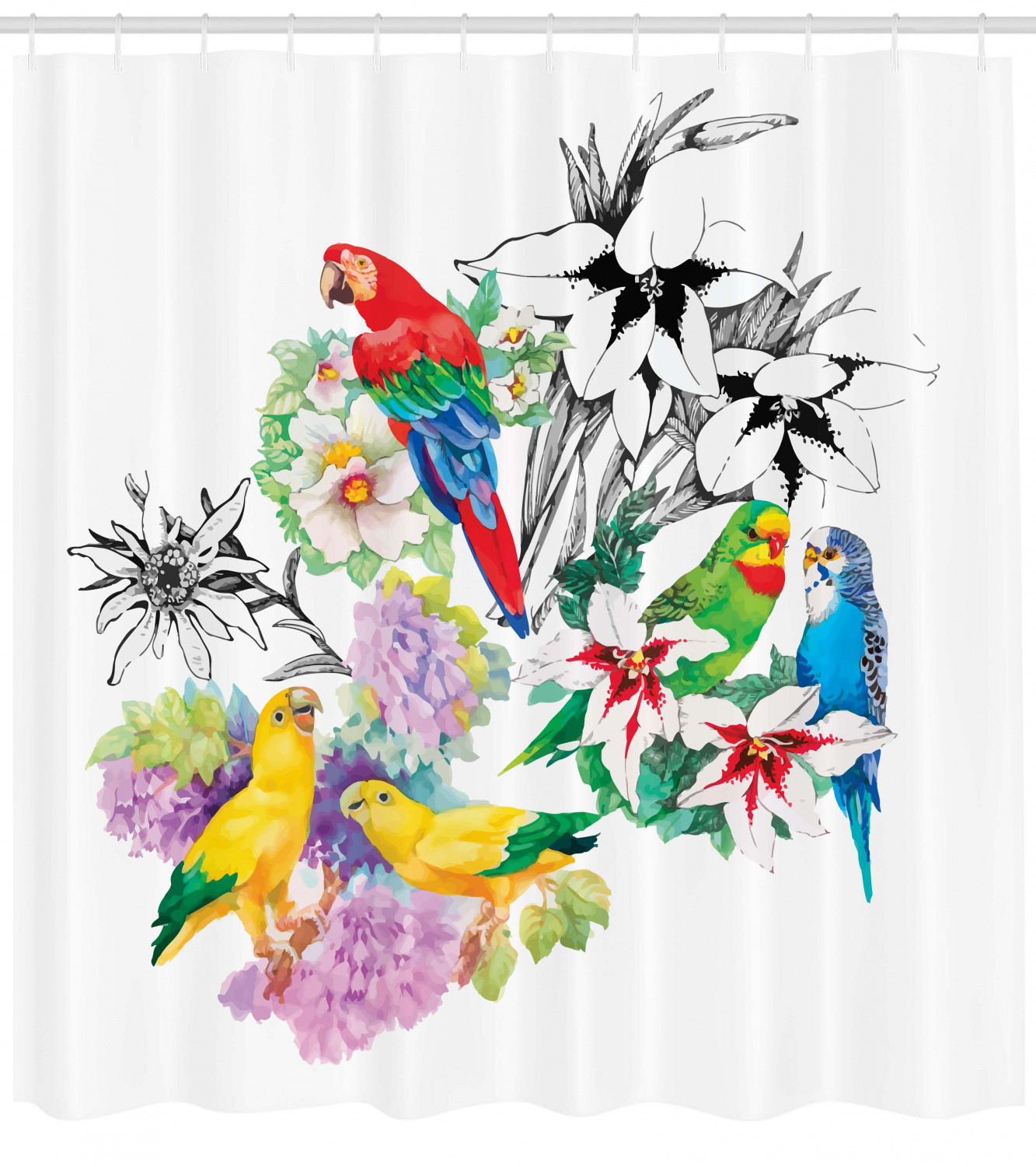 Tropical Parrot Shower Curtain with Floral Foliage Garden Print for Bathroom