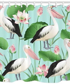 Tropical Pelican Lotus Print Shower Curtain Waterproof Bathroom Decor