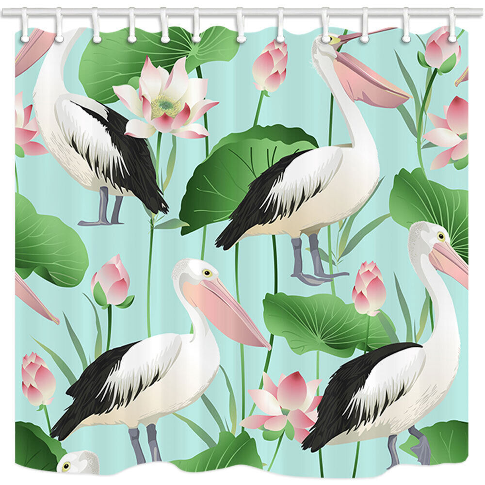 Tropical Pelican Lotus Print Shower Curtain Waterproof Bathroom Decor