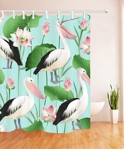 Tropical Pelican Lotus Print Shower Curtain Waterproof Bathroom Decor