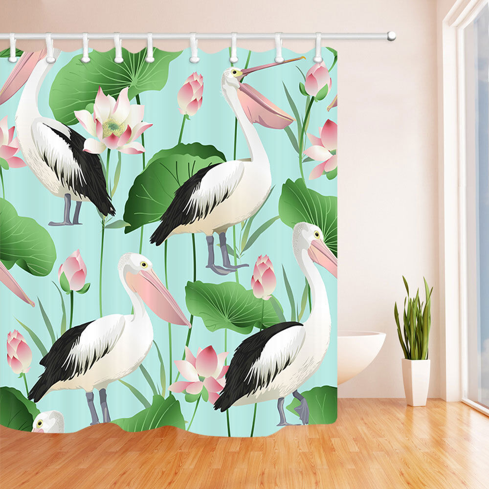 Tropical Pelican Lotus Print Shower Curtain Waterproof Bathroom Decor