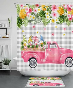 Tropical Pineapple Flowers Pink Truck Gnomes Bathroom Shower Curtain 