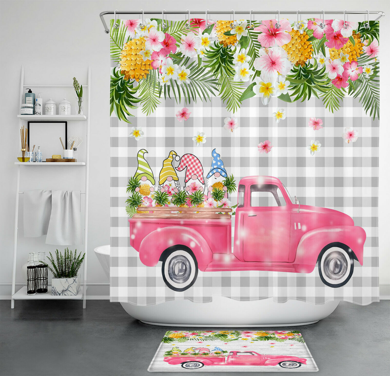 Tropical Pineapple Flowers Pink Truck Gnomes Bathroom Shower Curtain