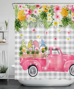 Tropical Pineapple Flowers Pink Truck Gnomes Bathroom Shower Curtain