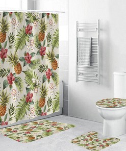 Tropical Pineapple Leaves and Flowers Shower Curtain