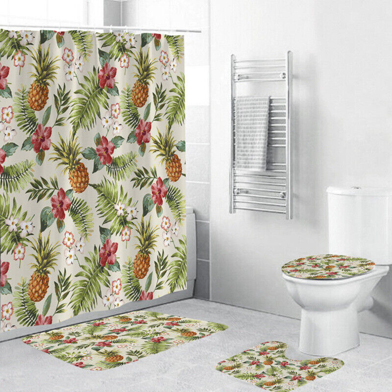 Tropical Pineapple Leaves and Flowers Shower Curtain