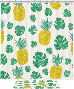 Tropical Pineapples Leaves Bathroom Accessories Set With Waterproof Fabric Shower Curtain And Mat