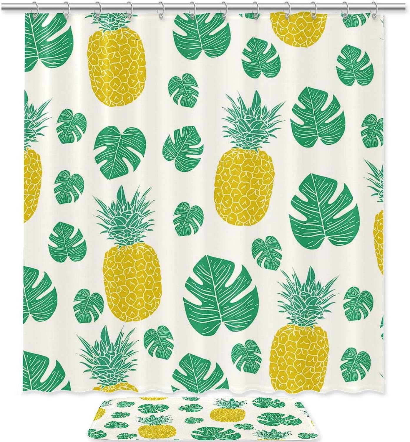 Tropical Pineapples Leaves Bathroom Accessories Set With Waterproof Fabric Shower Curtain And Mat