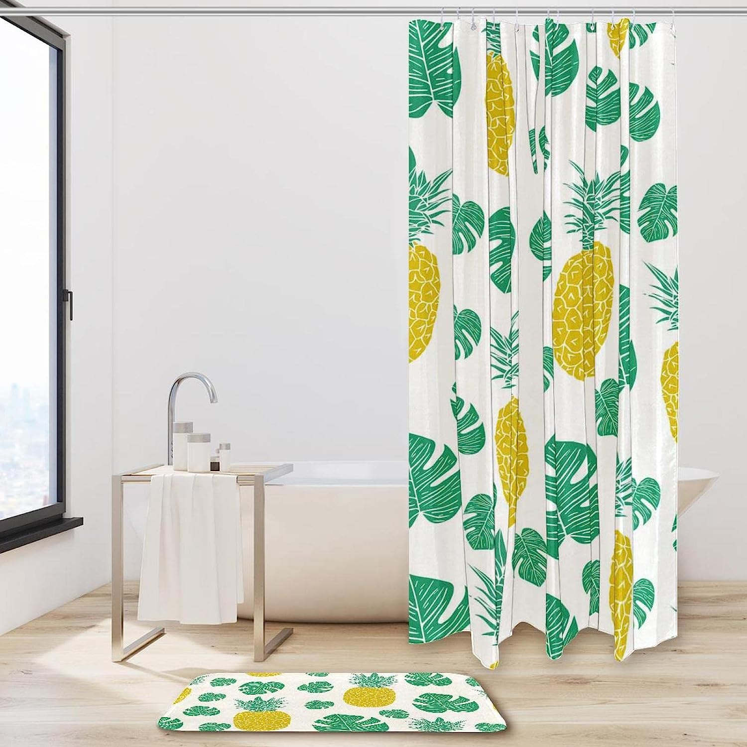 Tropical Pineapples Leaves Bathroom Accessories Set With Waterproof Fabric Shower Curtain And Mat - Image 2