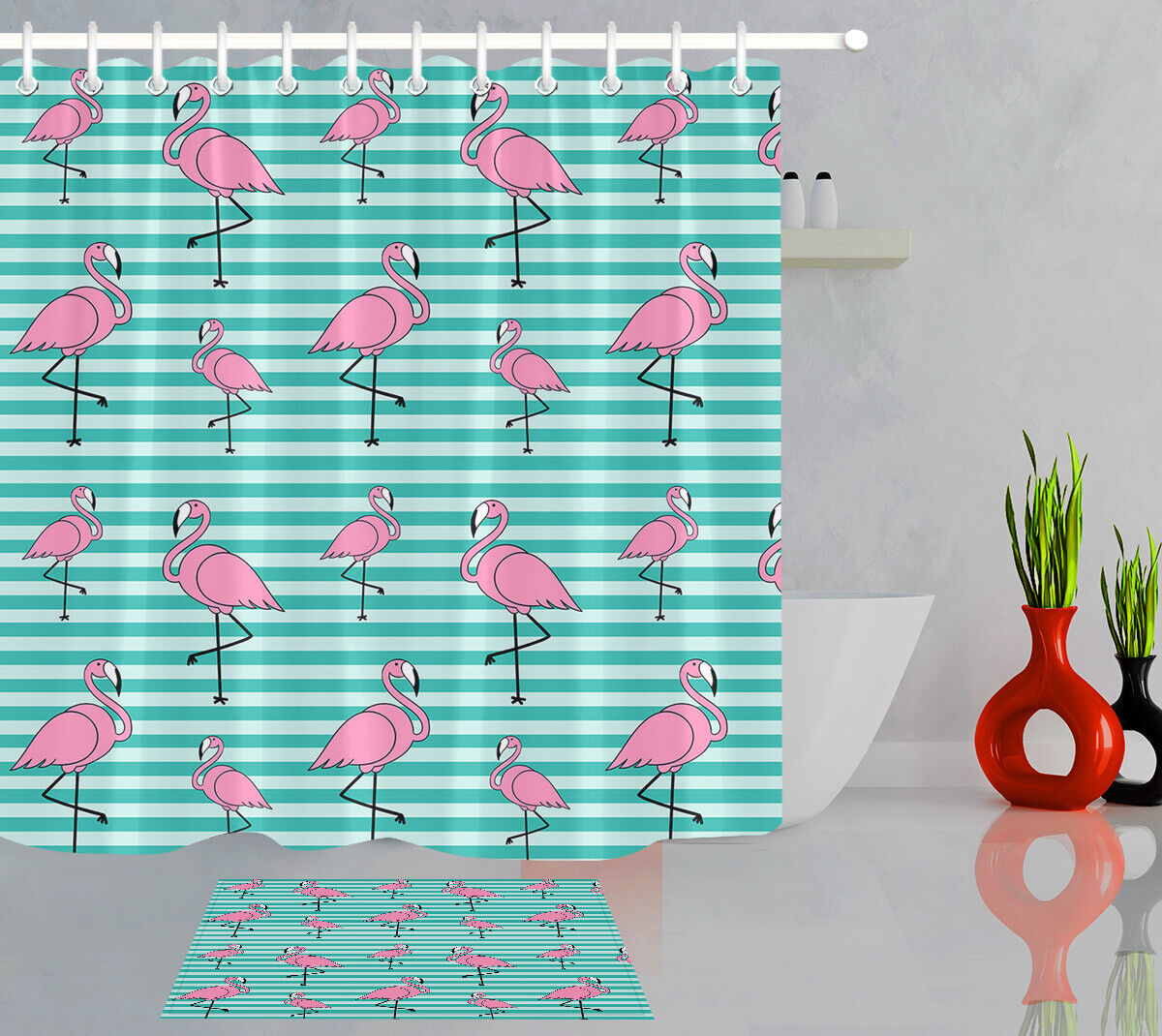 Tropical Pink Flamingo Green Stripes Shower Curtain - 71