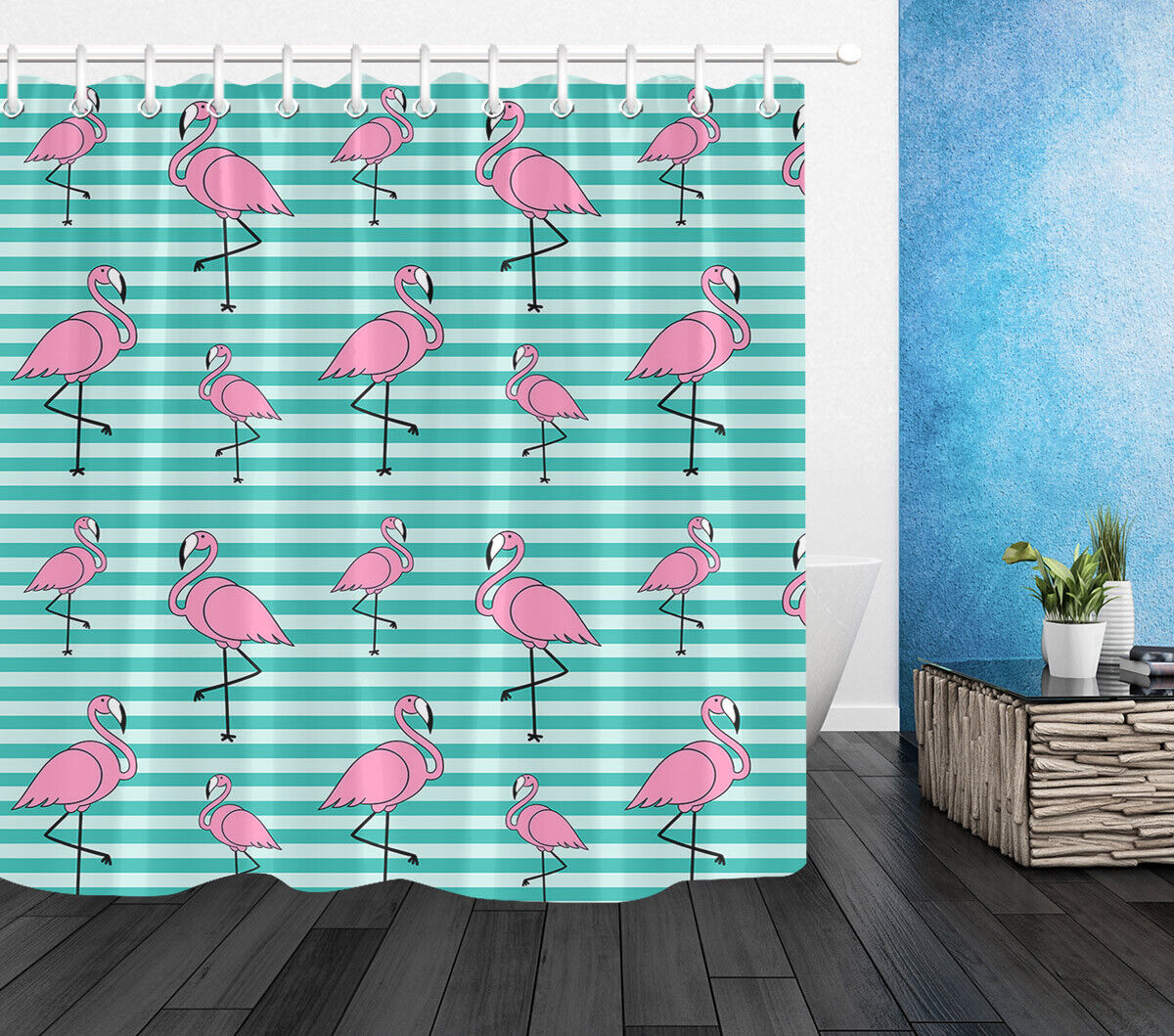 Tropical Pink Flamingo Green Stripes Shower Curtain - 71 - Image 2