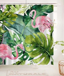 Tropical Pink Flamingo Shower Curtain with Palm Leaves Design for Summer Bathroom Decor