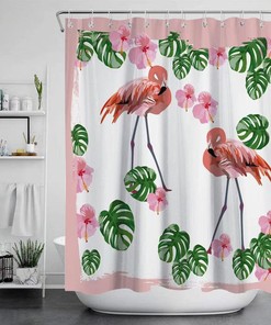 Tropical Pink Flamingo Shower Curtain with Palm Leaves Design for Summer Bathroom Decor