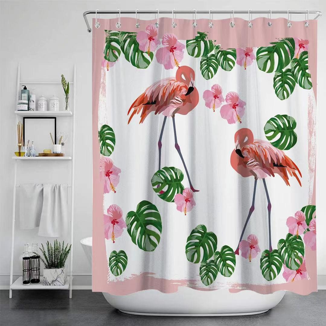 Tropical Pink Flamingo Shower Curtain with Palm Leaves Design for Summer Bathroom Decor