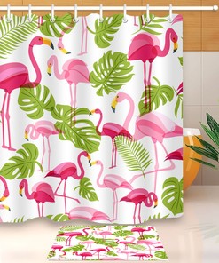 Tropical Pink Flamingo and Green Palm Tree Leaves Shower Curtain for Summer Bathroom Decor