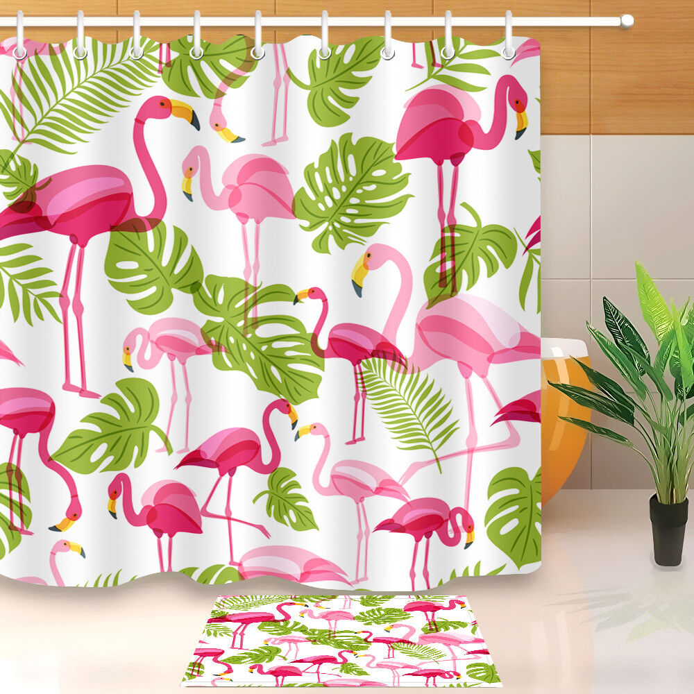 Tropical Pink Flamingo and Green Palm Tree Leaves Shower Curtain for Summer Bathroom Decor