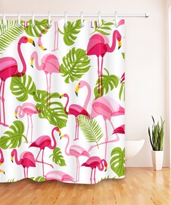 Tropical Pink Flamingo and Green Palm Tree Leaves Shower Curtain for Summer Bathroom Decor