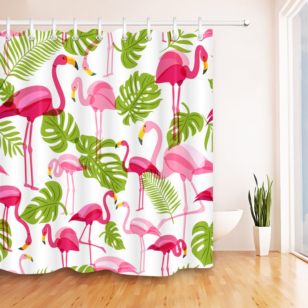 Tropical Pink Flamingo and Green Palm Tree Leaves Shower Curtain for Summer Bathroom Decor