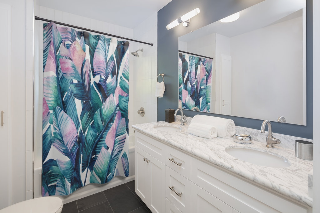 Tropical Pink Green Blue White Unique Designer Shower Curtain For Beautiful And Trendy Bathroom Decor - Image 2