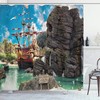 Tropical Pirate Island Shower Curtain, Large Rock Formation With Big Ship For Bathroom, Cloth Fabric Decor, Sea Green