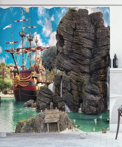 Tropical Pirate Island Shower Curtain, Large Rock Formation With Big Ship For Bathroom, Cloth Fabric Decor, Sea Green