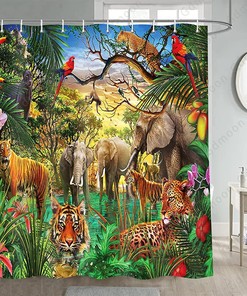 Tropical Plant Bohemian Flower Tree Colorful Abstract Art Jungle Animal Parrot Elephant Tiger Shower Curtain