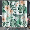 Tropical Plant Fabric Shower Curtain With Monstera Leaves And Gold Flowers For Summer Bathroom Decor