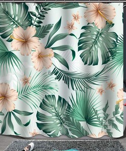 Tropical Plant Fabric Shower Curtain With Monstera Leaves And Gold Flowers For Summer Bathroom Decor