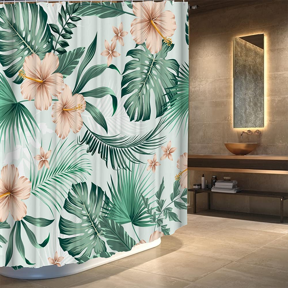 Tropical Plant Fabric Shower Curtain With Monstera Leaves And Gold Flowers For Summer Bathroom Decor - Image 2