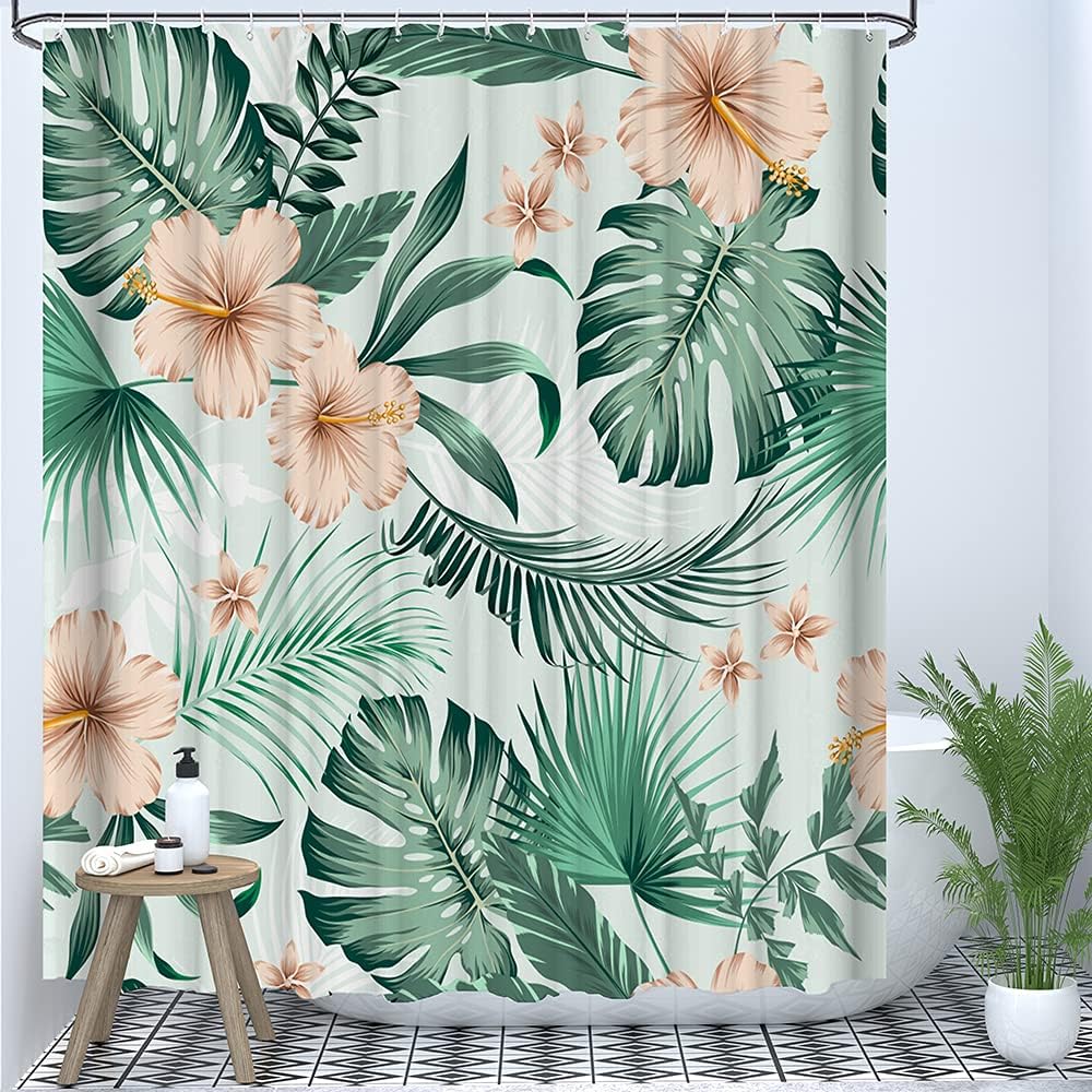Tropical Plant Fabric Shower Curtain With Monstera Leaves And Gold Flowers For Summer Bathroom Decor - Image 3