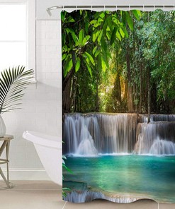 Tropical Plant Forest Waterfall River Shower Curtain for Bathroom, Showers Stall&Clawfoot Tub