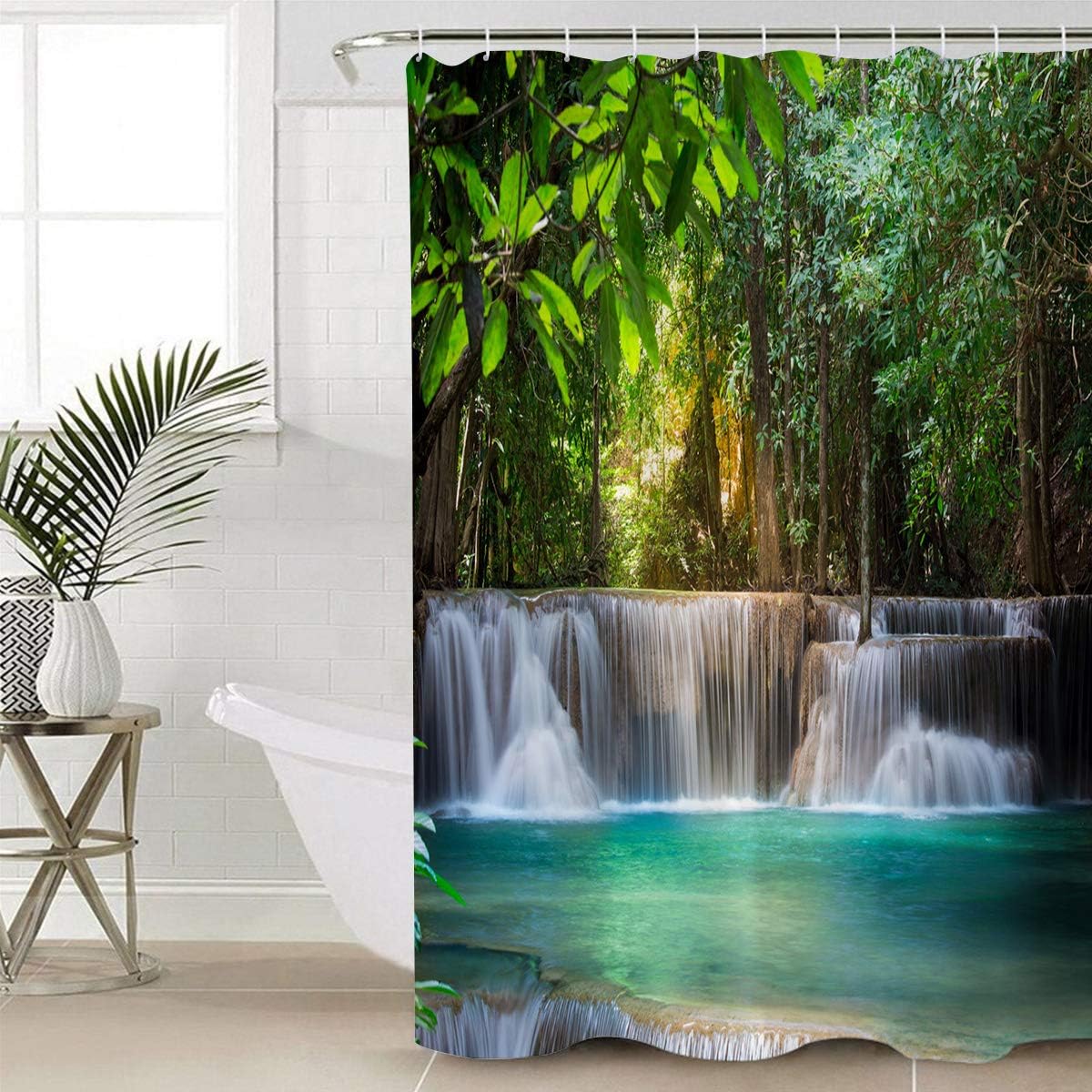Tropical Plant Forest Waterfall River Shower Curtain for Bathroom, Showers Stall&Clawfoot Tub