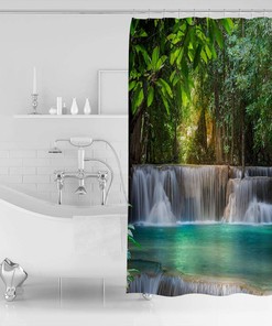 Tropical Plant Forest Waterfall River Shower Curtain for Bathroom, Showers Stall&Clawfoot Tub