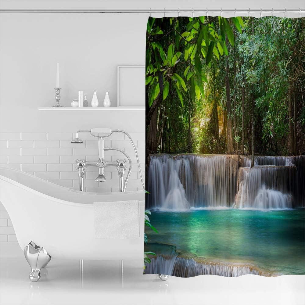 Tropical Plant Forest Waterfall River Shower Curtain for Bathroom, Showers Stall&Clawfoot Tub