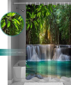 Tropical Plant Forest Waterfall River Shower Curtain for Bathroom, Showers Stall&Clawfoot Tub