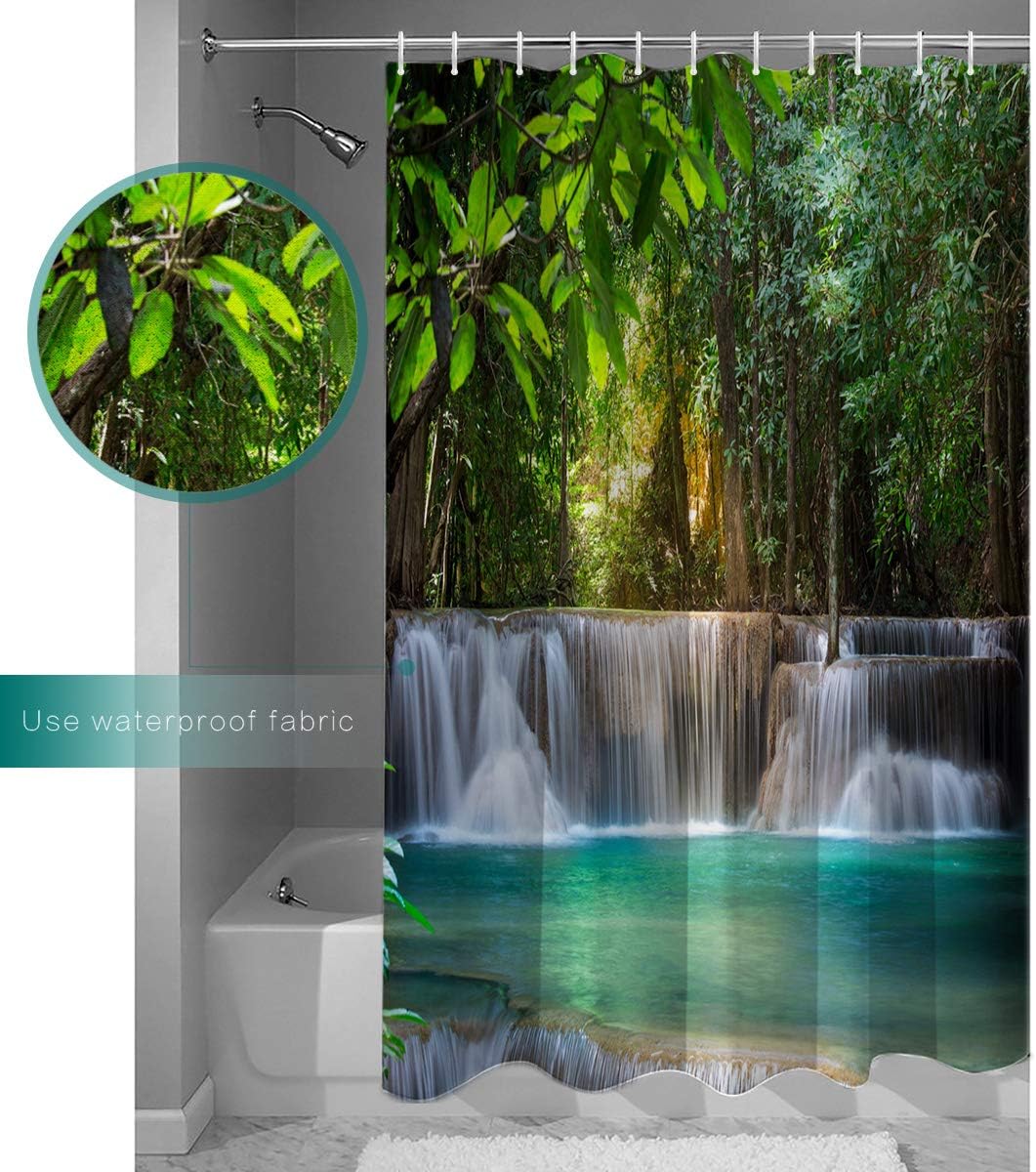 Tropical Plant Forest Waterfall River Shower Curtain for Bathroom, Showers Stall&Clawfoot Tub