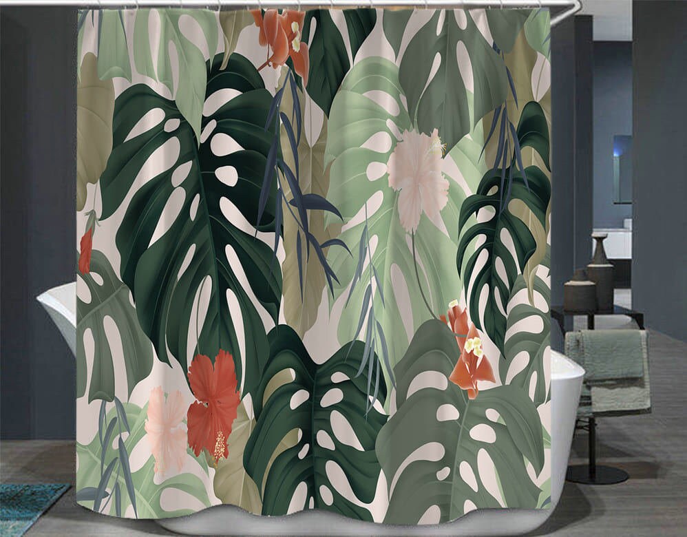 Tropical Plant Green Leaf Succulent Cactus Shower Curtain, Waterproof Bathroom Decoration