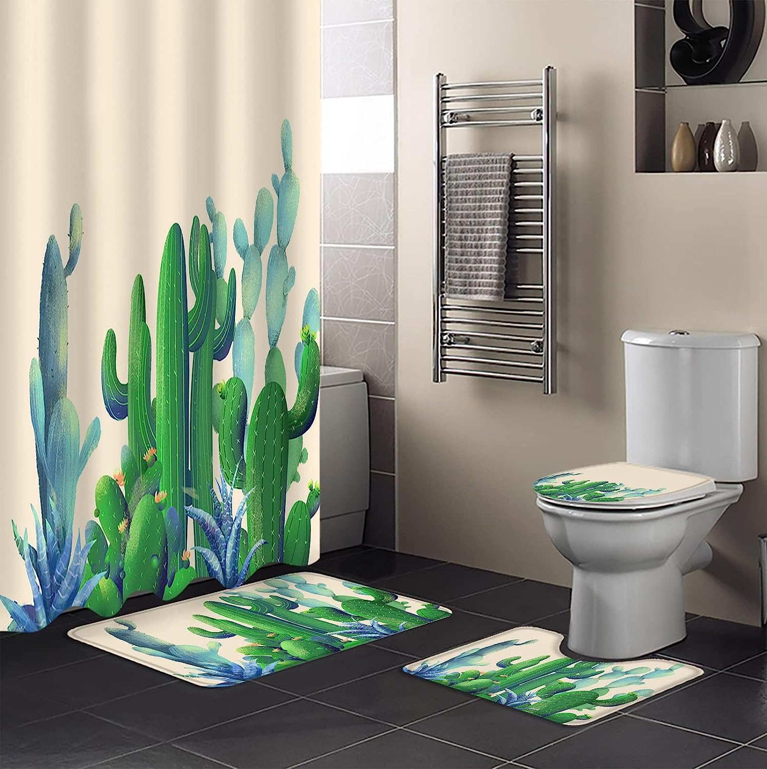 Tropical Plant Green Succulent Print Shower Curtain for Rustic Summer Farmhouse Bathroom