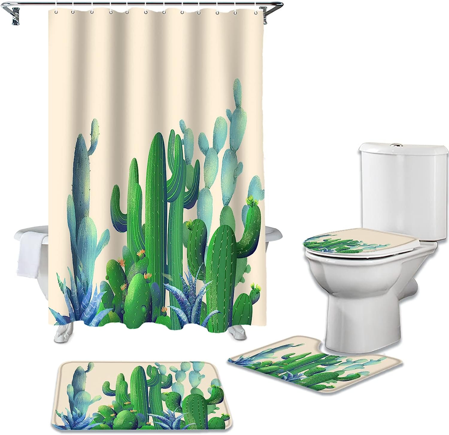 Tropical Plant Green Succulent Print Shower Curtain for Rustic Summer Farmhouse Bathroom