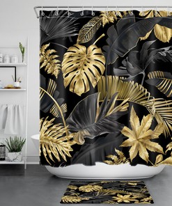 Tropical Plant Palm Leaf On Black Shower Curtain With Modern Design For Bathroom Decor