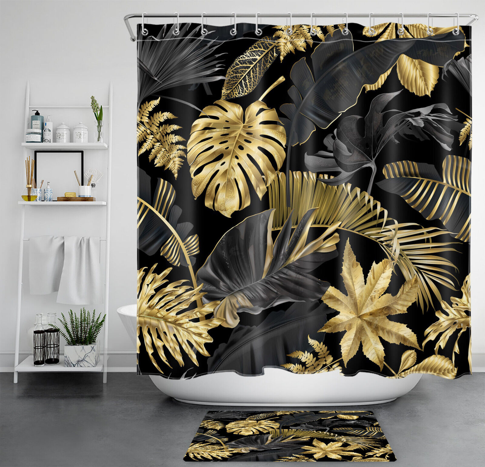 Tropical Plant Palm Leaf On Black Shower Curtain With Modern Design For Bathroom Decor